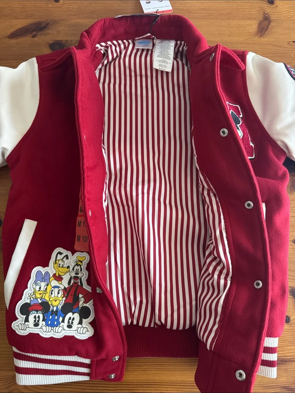 Disney Red and White Mickey Mouse Youth Varsity Jacket with Embroidery Patches